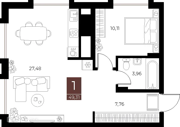 Планировка 1-комнатной квартиры 49.31 м² в ЖК «Галерея», г. Рязань — фото 1