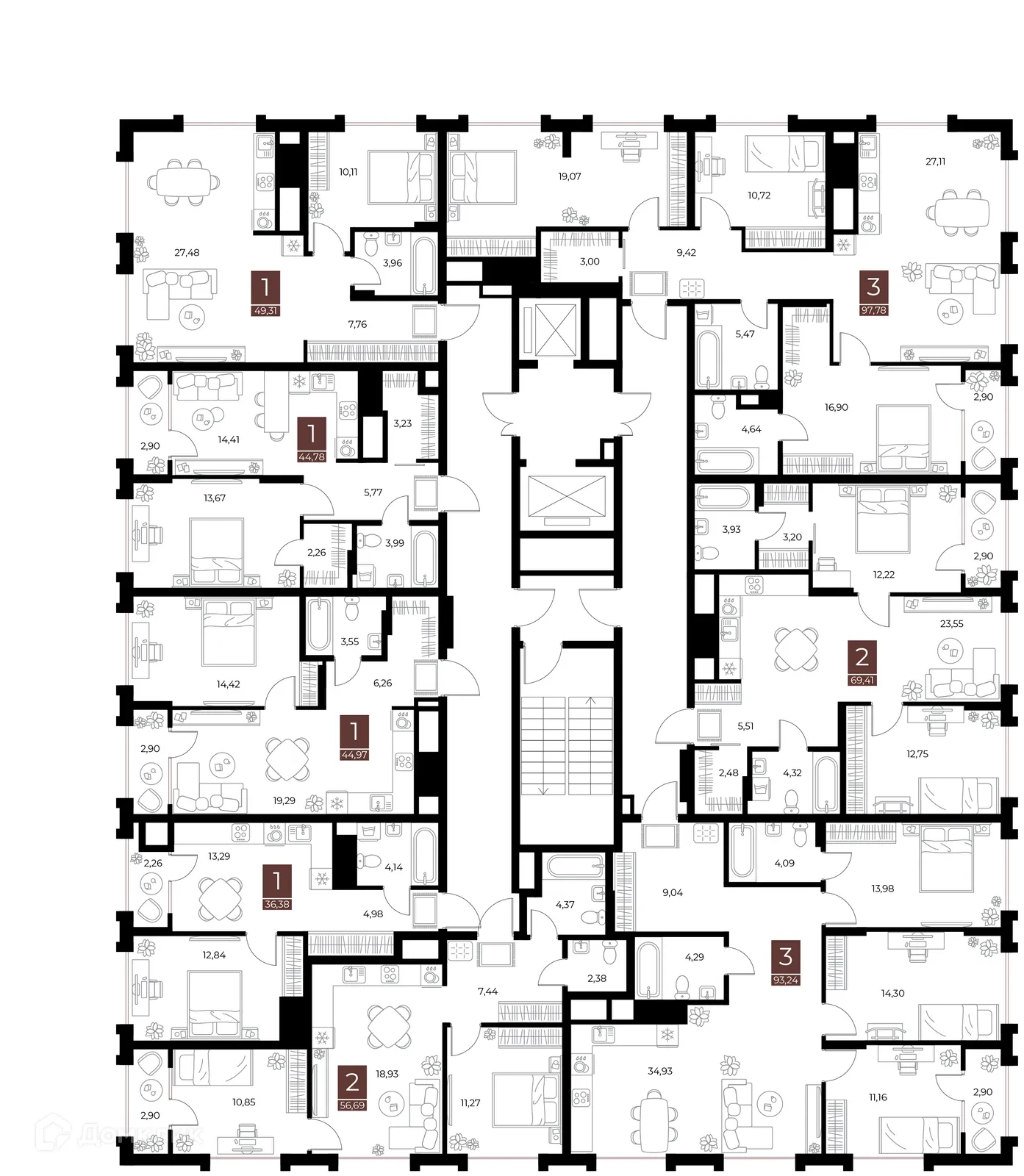 Планировка 1-комнатной квартиры 49.31 м² в ЖК «Галерея», г. Рязань — фото 2