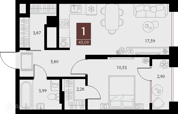 Планировка 1-комнатной квартиры 45.09 м² в ЖК «Галерея», г. Рязань — фото 1