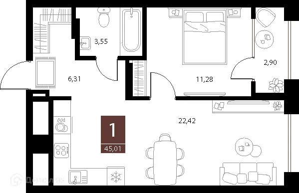 Планировка 1-комнатной квартиры 45.01 м² в ЖК «Галерея», г. Рязань — фото 1