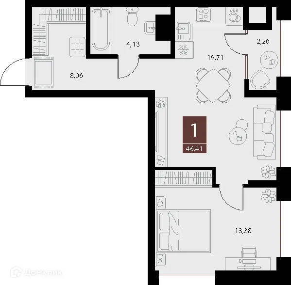 Планировка 1-комнатной квартиры 46.41 м² в ЖК «Галерея», г. Рязань — фото 1