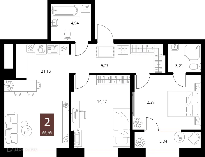 Планировка 2-комнатной квартиры 66.93 м² в ЖК «Галерея», г. Рязань — фото 1