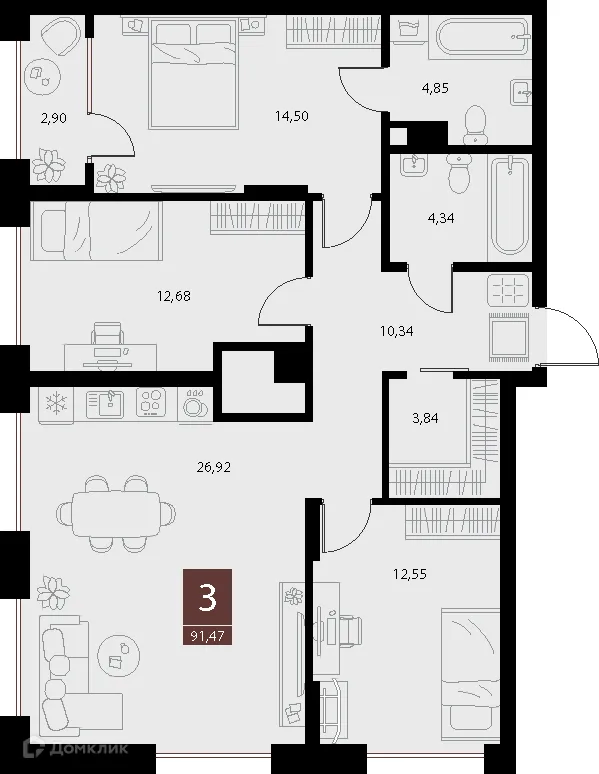 Планировка 3-комнатной квартиры 91.47 м² в ЖК «Галерея», г. Рязань — фото 1