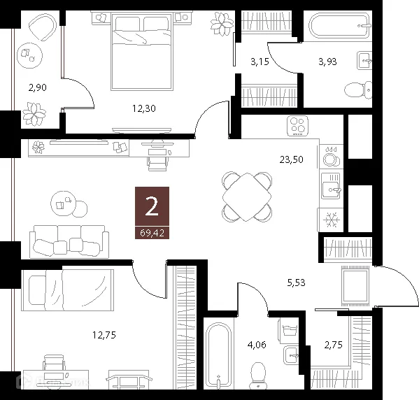 Планировка 2-комнатной квартиры 69.42 м² в ЖК «Галерея», г. Рязань — фото 1