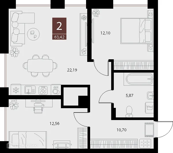 Планировка 2-комнатной квартиры 63.42 м² в ЖК «Галерея», г. Рязань — фото 1