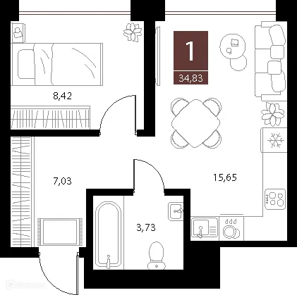 Планировка 1-комнатной квартиры 34.83 м² в ЖК «Галерея», г. Рязань — фото 1