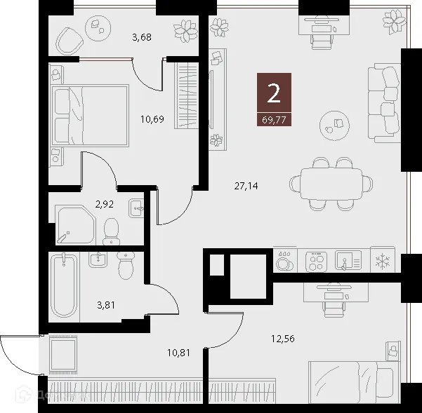 Планировка 2-комнатной квартиры 69.77 м² в ЖК «Галерея», г. Рязань — фото 1