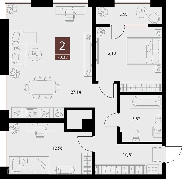 Планировка 2-комнатной квартиры 70.32 м² в ЖК «Галерея», г. Рязань — фото 1