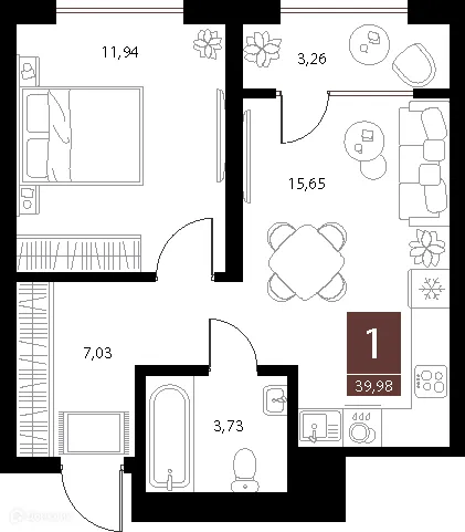 Планировка 1-комнатной квартиры 39.98 м² в ЖК «Галерея», г. Рязань — фото 1