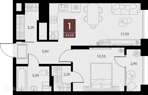 Планировка 1-комнатной квартиры 44.68 м² в ЖК «Галерея», г. Рязань — фото 1