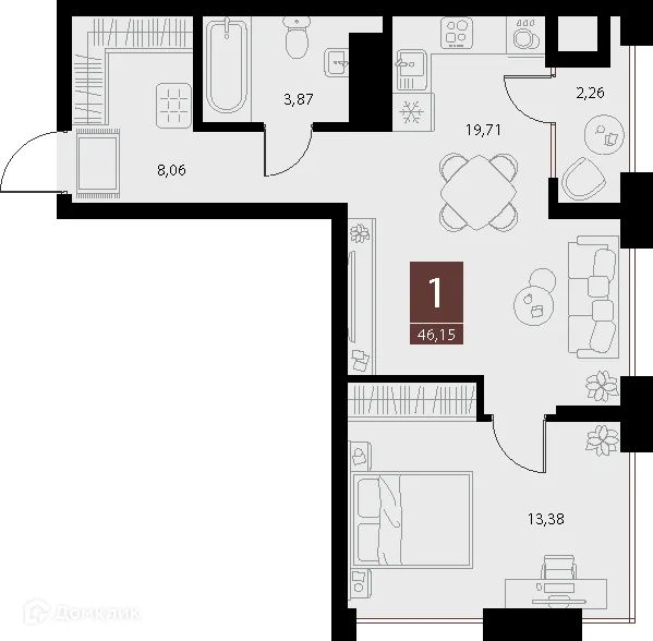 Планировка 1-комнатной квартиры 46.15 м² в ЖК «Галерея», г. Рязань — фото 1