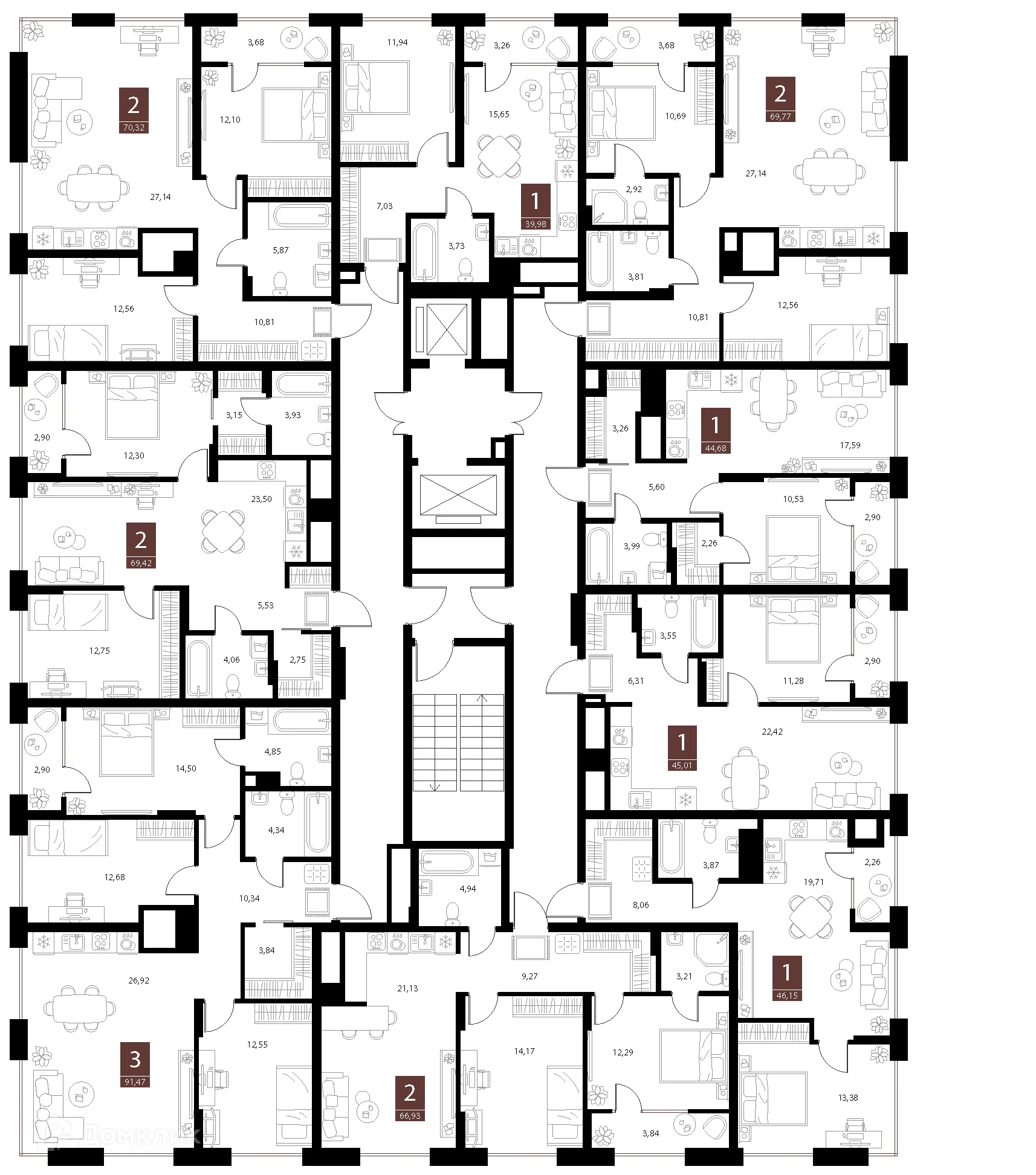 Планировка 1-комнатной квартиры 46.15 м² в ЖК «Галерея», г. Рязань — фото 2