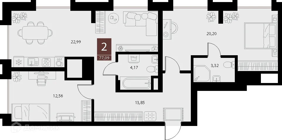 Планировка 2-комнатной квартиры 77.09 м² в ЖК «Галерея», г. Рязань — фото 1