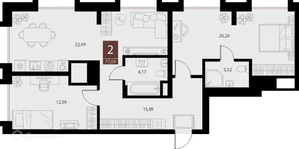 Планировка 2 комн. в ЖК «Галерея»