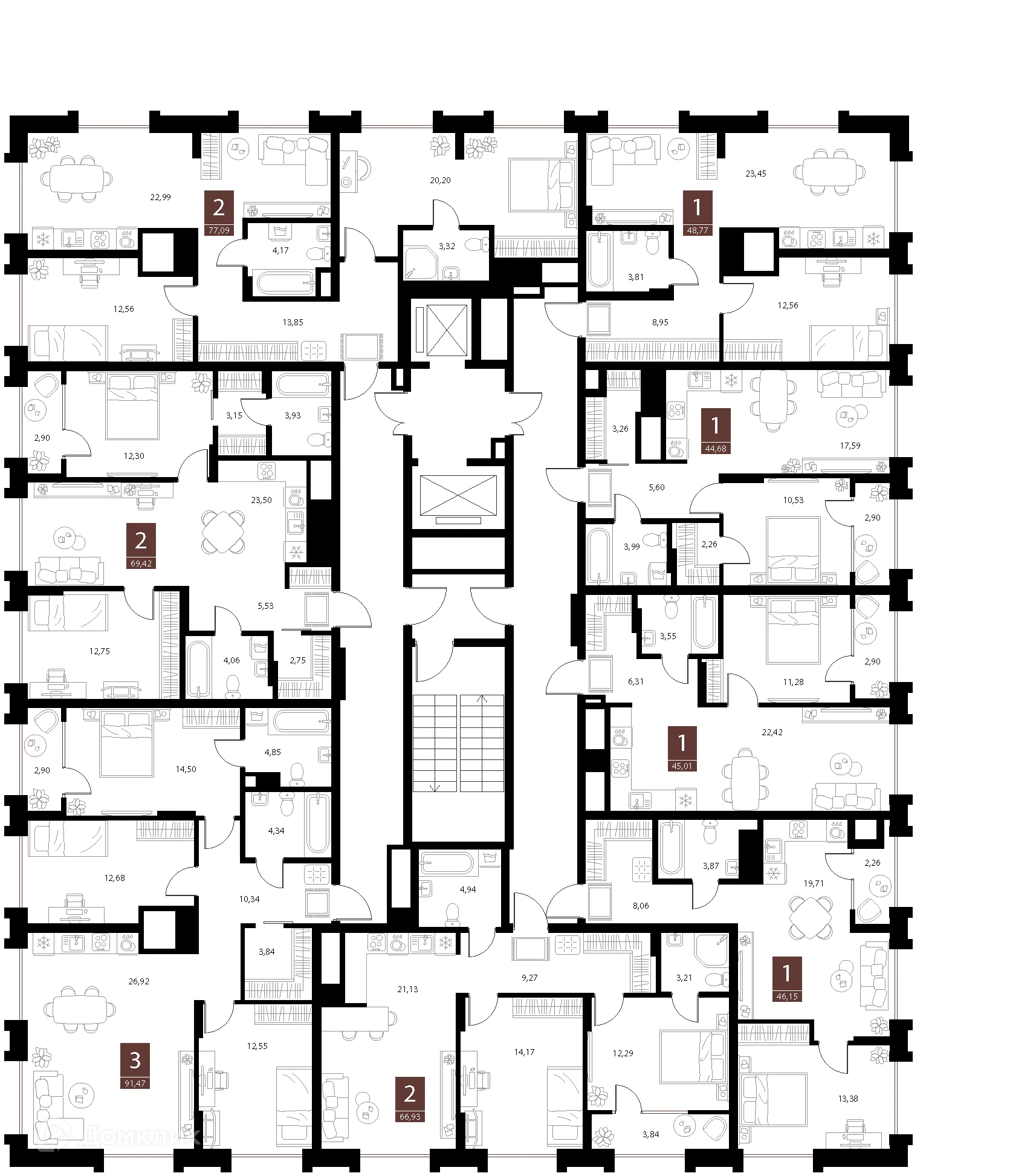 Планировка 2-комнатной квартиры 77.09 м² в ЖК «Галерея», г. Рязань — фото 2