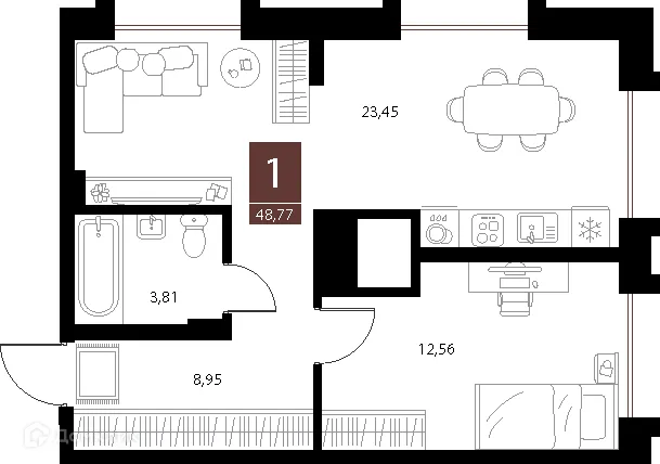 Планировка 1-комнатной квартиры 48.77 м² в ЖК «Галерея», г. Рязань — фото 1