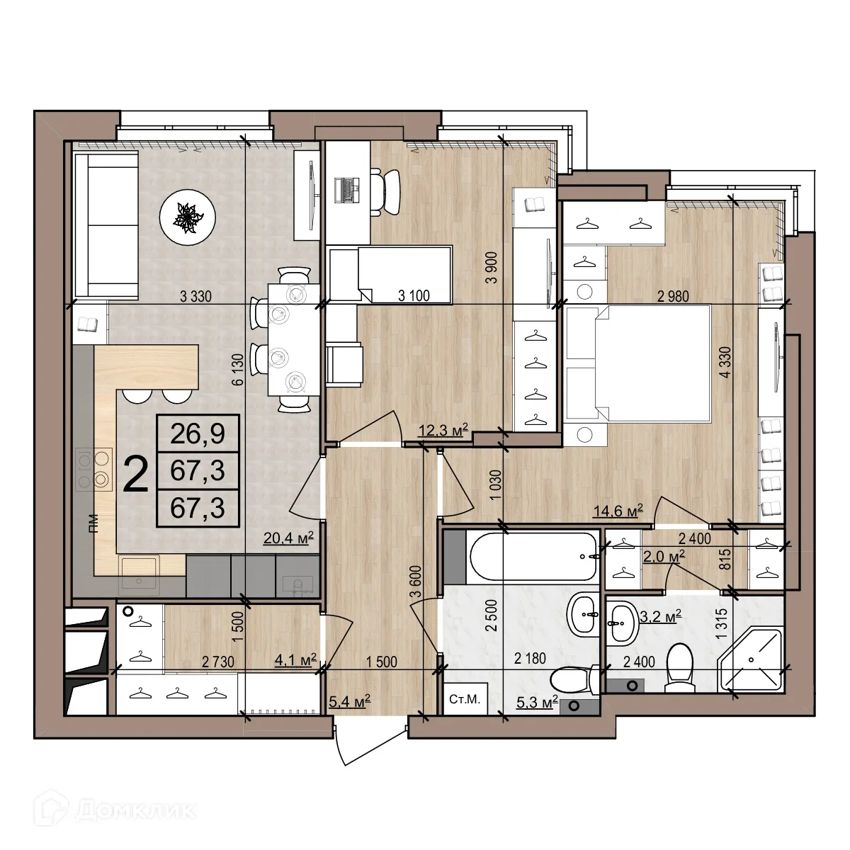 Планировка 2-комнатной квартиры 67.3 м² в Полярная звезда, г. Рязань — фото 1