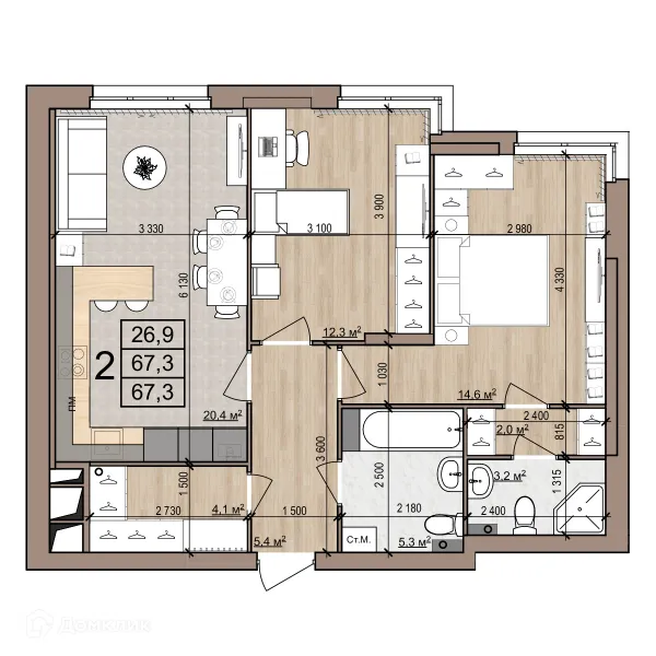 Планировка 2 комн. в Полярная звезда
