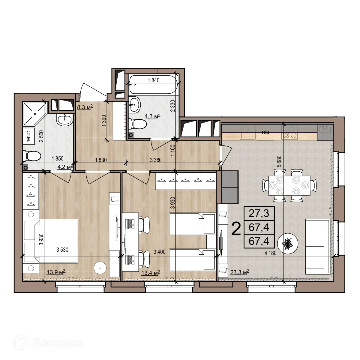 Планировка 2-комнатной квартиры 67.4 м² в Полярная звезда, г. Рязань — фото 1