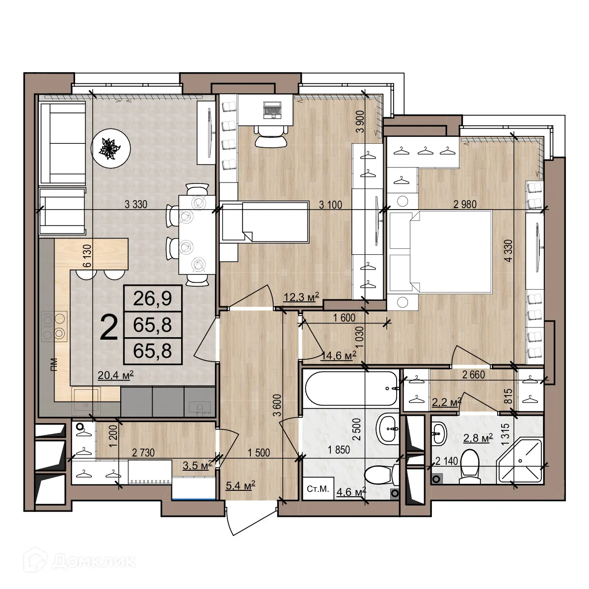 Планировка 2-комнатной квартиры 65.8 м² в Полярная звезда, г. Рязань — фото 1
