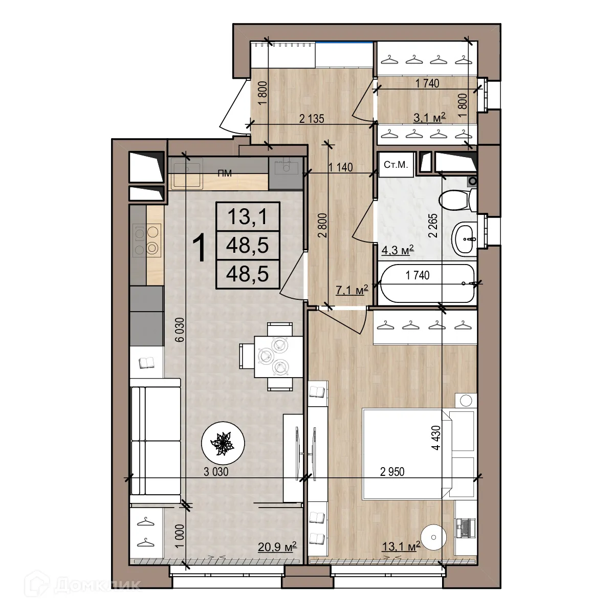 Планировка 1-комнатной квартиры 48.5 м² в Полярная звезда, г. Рязань — фото 1