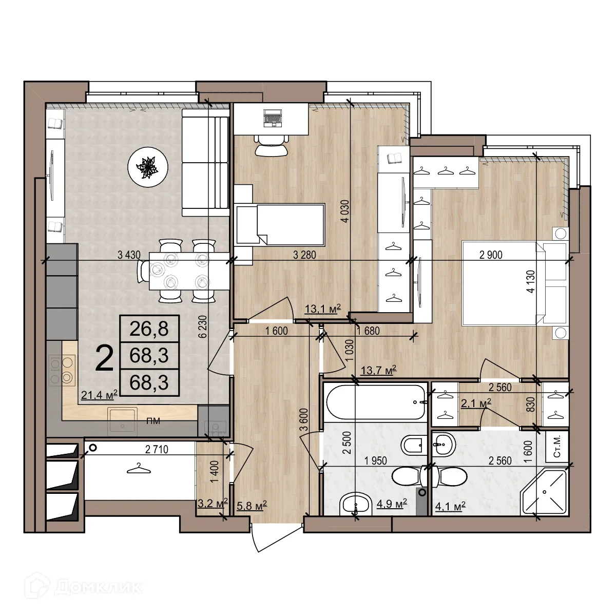 Планировка 2-комнатной квартиры 68.3 м² в Полярная звезда, г. Рязань — фото 1