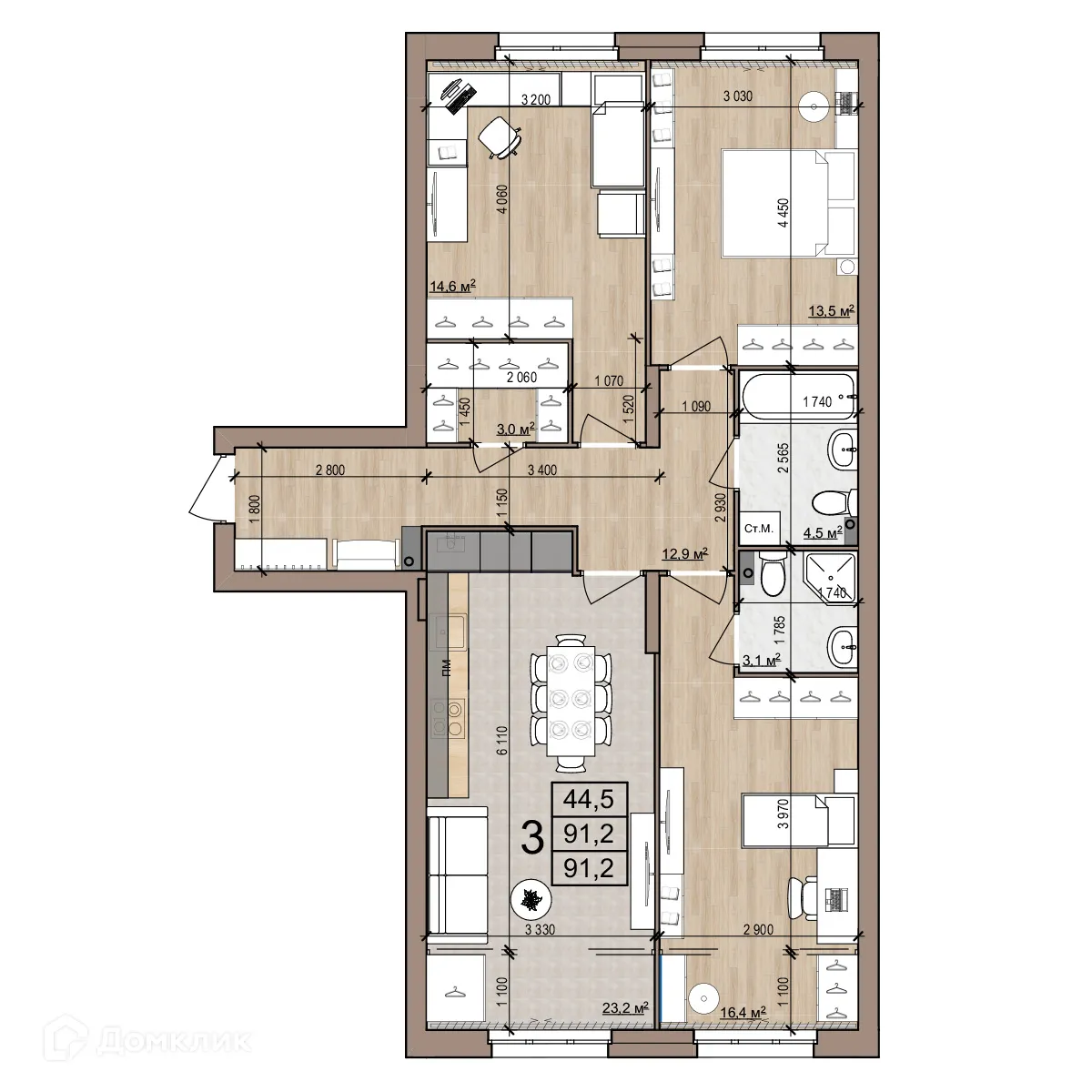 Планировка 3-комнатной квартиры 91.2 м² в Полярная звезда, г. Рязань — фото 1