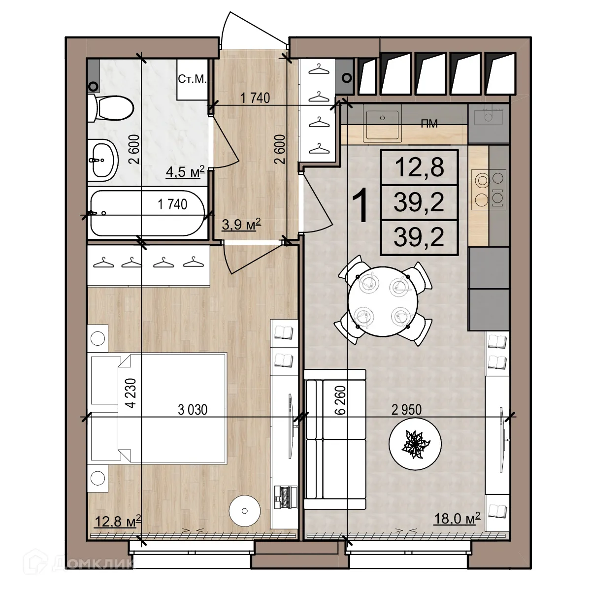 Планировка 1-комнатной квартиры 39.2 м² в Полярная звезда, г. Рязань — фото 1