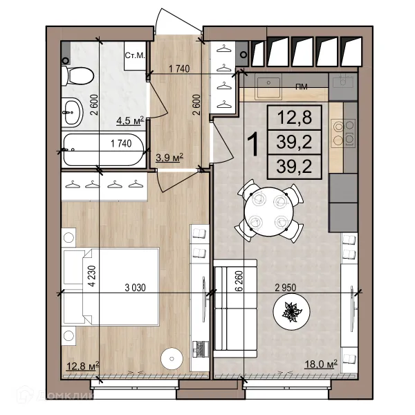 Планировка 1 комн. в Полярная звезда