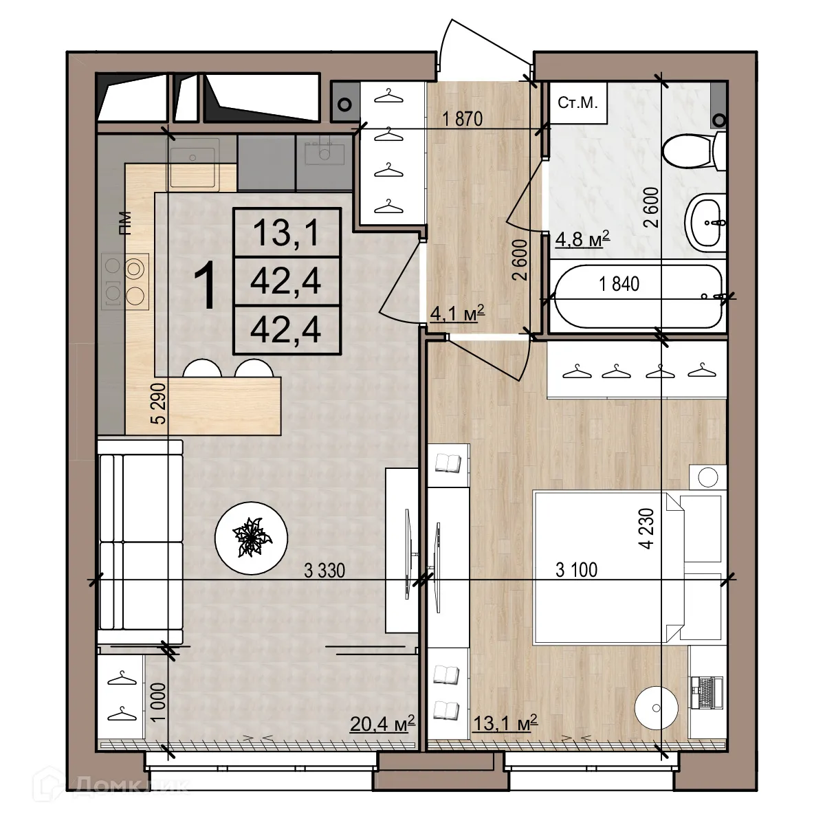 Планировка 1-комнатной квартиры 42.4 м² в Полярная звезда, г. Рязань — фото 1