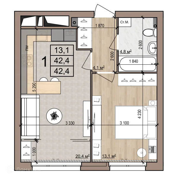 Планировка 1 комн. в Полярная звезда