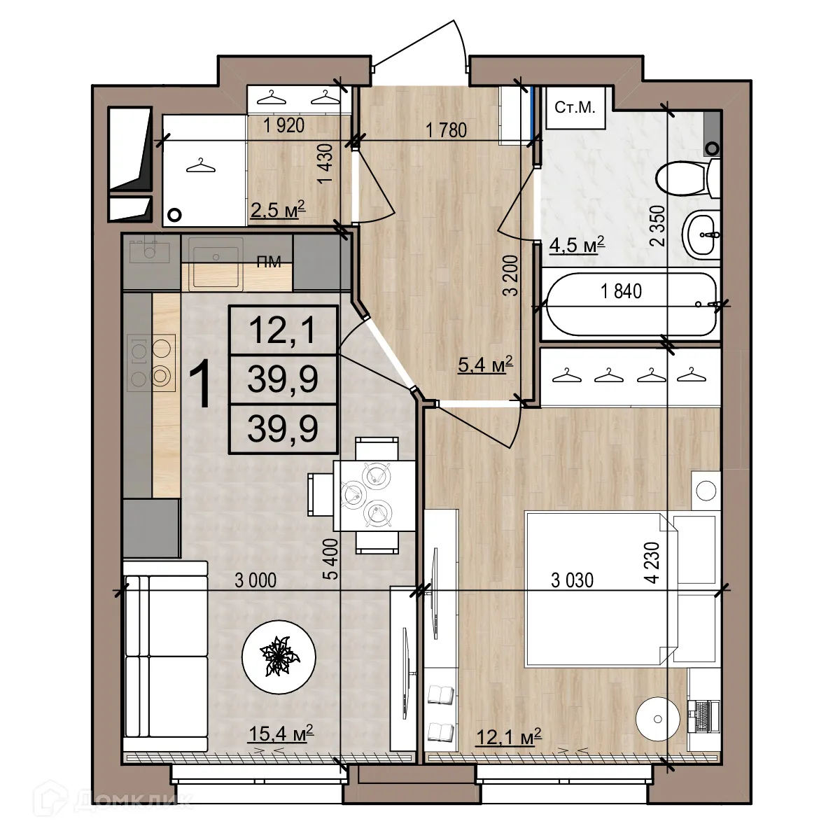 Планировка 1-комнатной квартиры 39.9 м² в Полярная звезда, г. Рязань — фото 1
