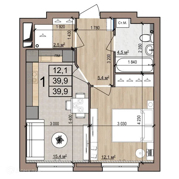 Планировка 1 комн. в Полярная звезда