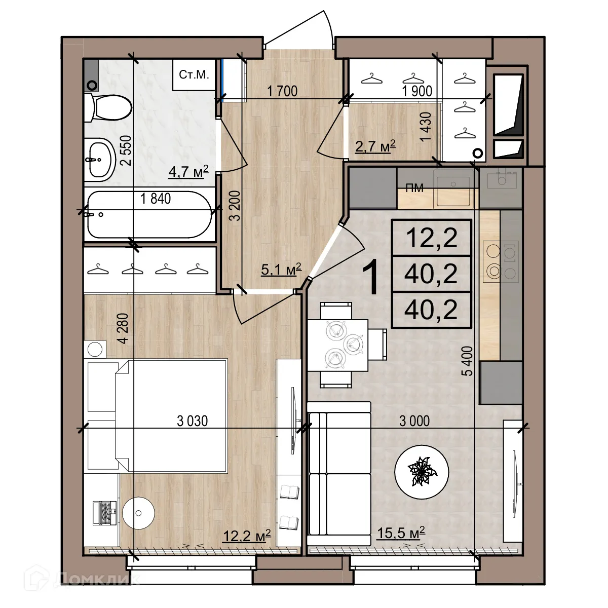 Планировка 1-комнатной квартиры 40.2 м² в Полярная звезда, г. Рязань — фото 1