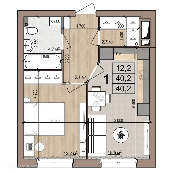 Планировка 1 комн. в Полярная звезда