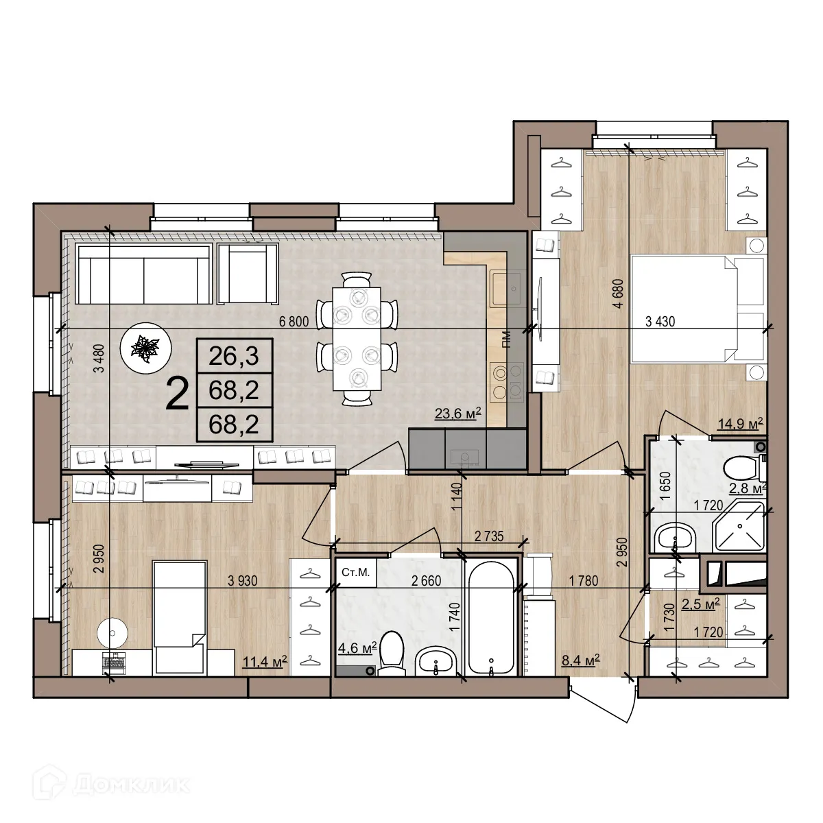 Планировка 2-комнатной квартиры 68.2 м² в Полярная звезда, г. Рязань — фото 1