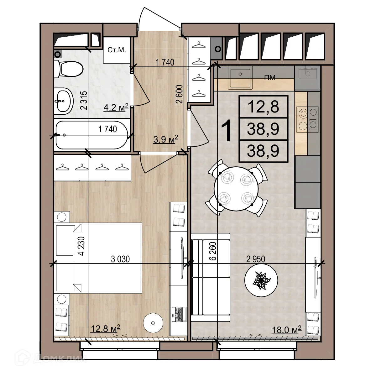 Планировка 1-комнатной квартиры 38.9 м² в Полярная звезда, г. Рязань — фото 1