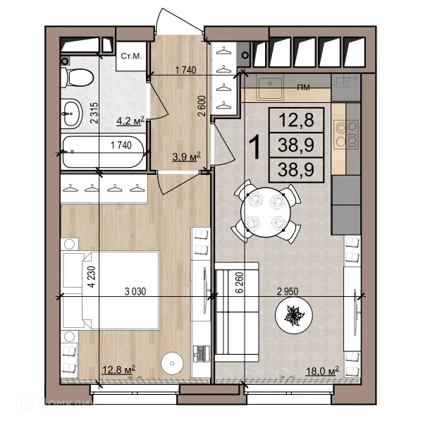 Планировка 1 комн. в Полярная звезда