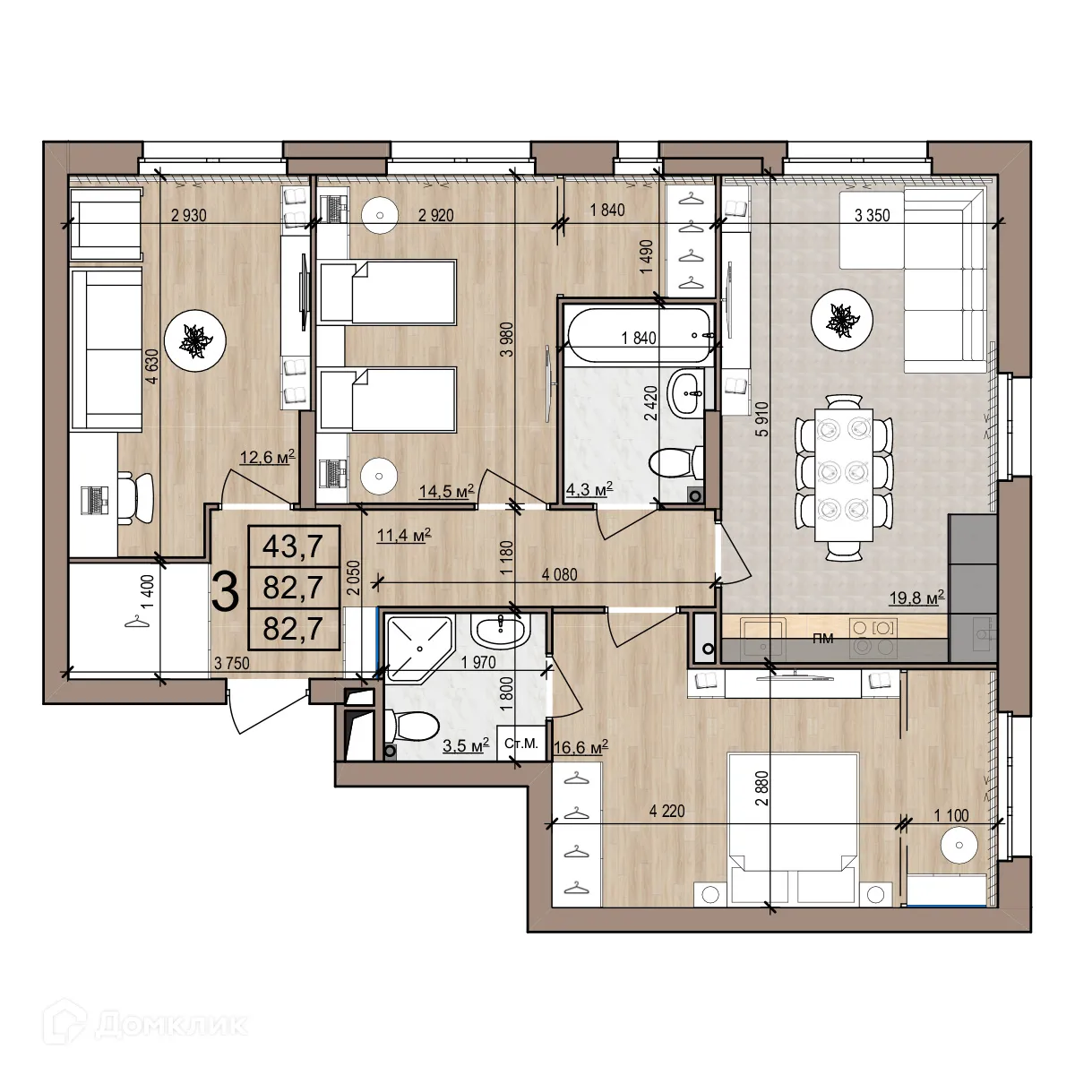 Планировка 3-комнатной квартиры 82.7 м² в Полярная звезда, г. Рязань — фото 1