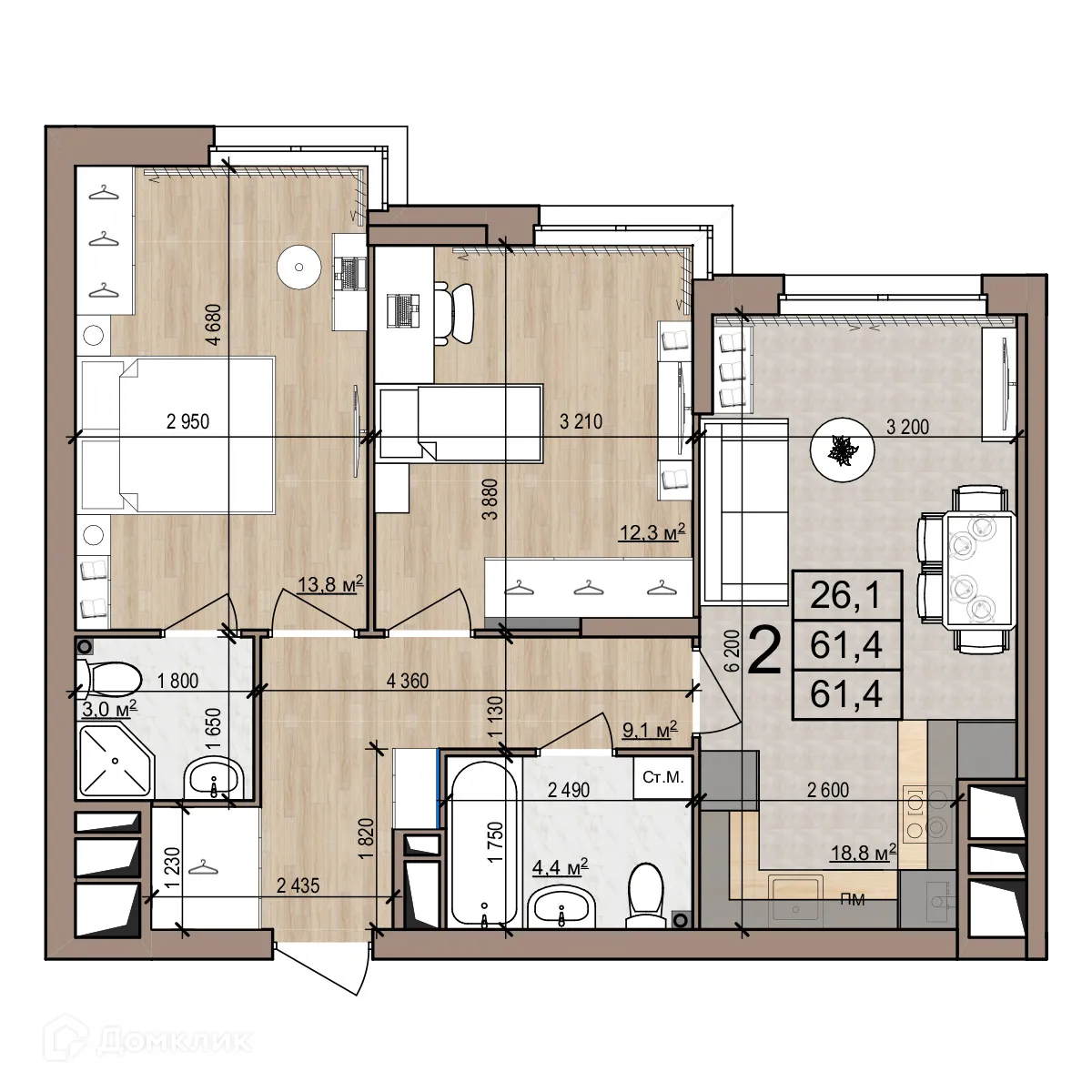 Планировка 2-комнатной квартиры 61.4 м² в Полярная звезда, г. Рязань — фото 1