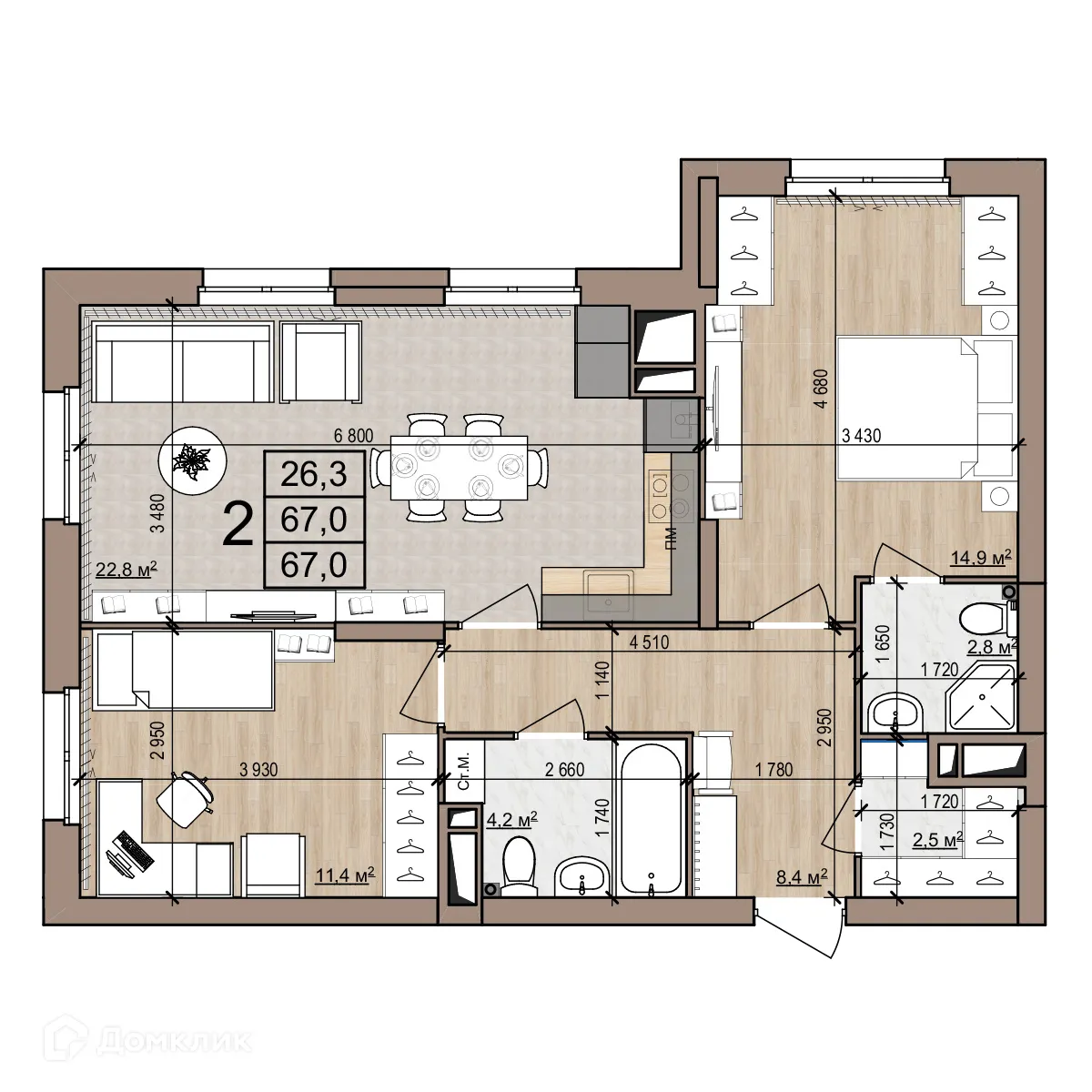 Планировка 2-комнатной квартиры 67 м² в Полярная звезда, г. Рязань — фото 1