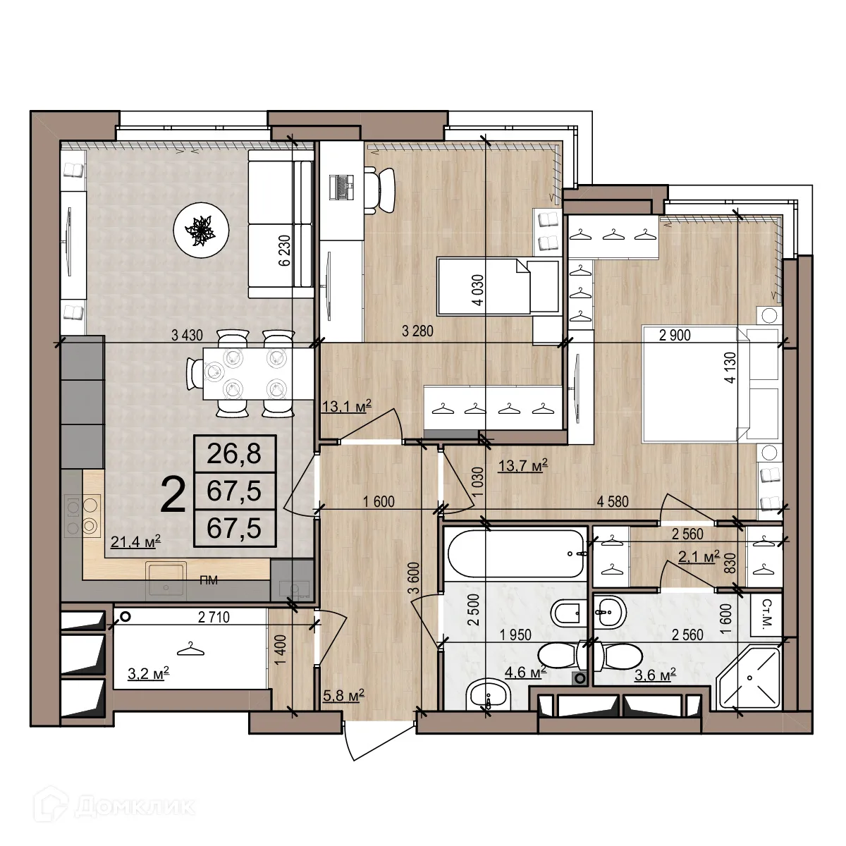 Планировка 2-комнатной квартиры 67.5 м² в Полярная звезда, г. Рязань — фото 1