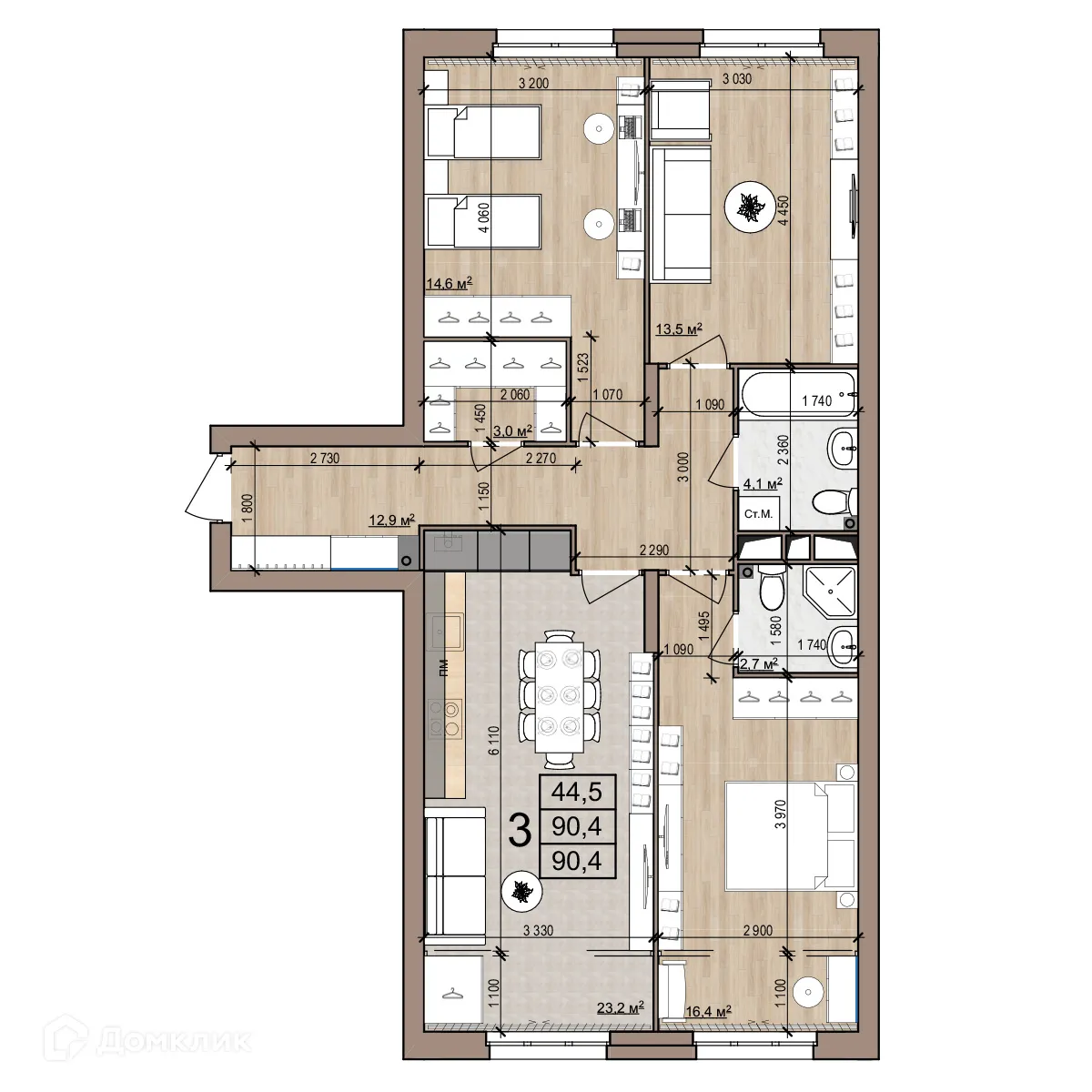 Планировка 3-комнатной квартиры 90.4 м² в Полярная звезда, г. Рязань — фото 1