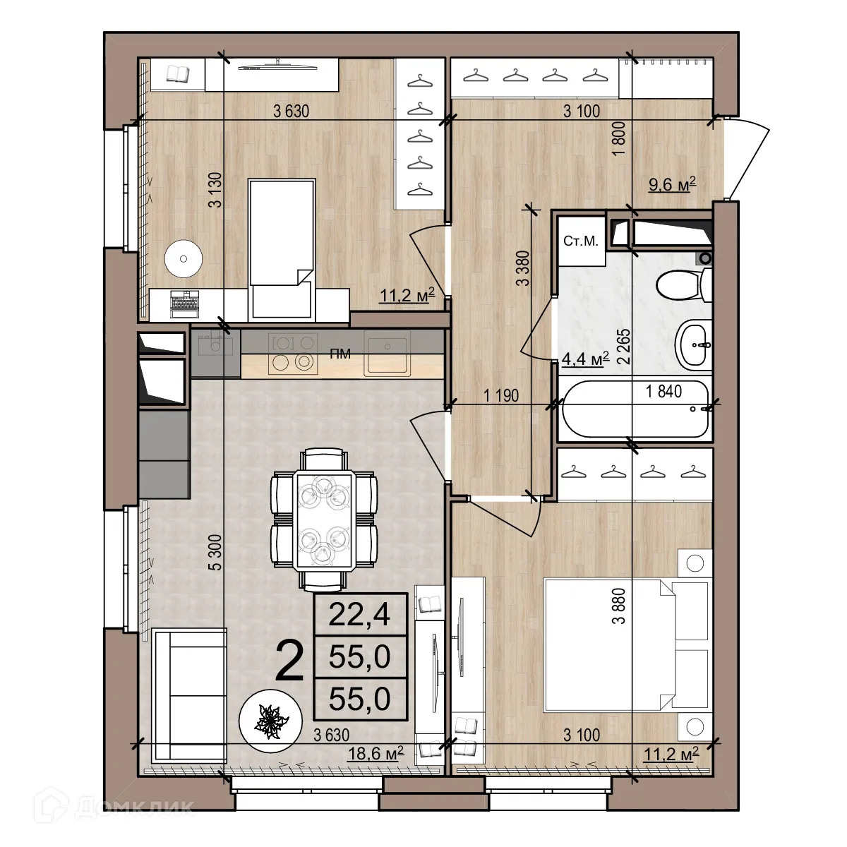 Планировка 2-комнатной квартиры 55 м² в Полярная звезда, г. Рязань — фото 1