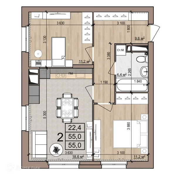Планировка 2 комн. в Полярная звезда