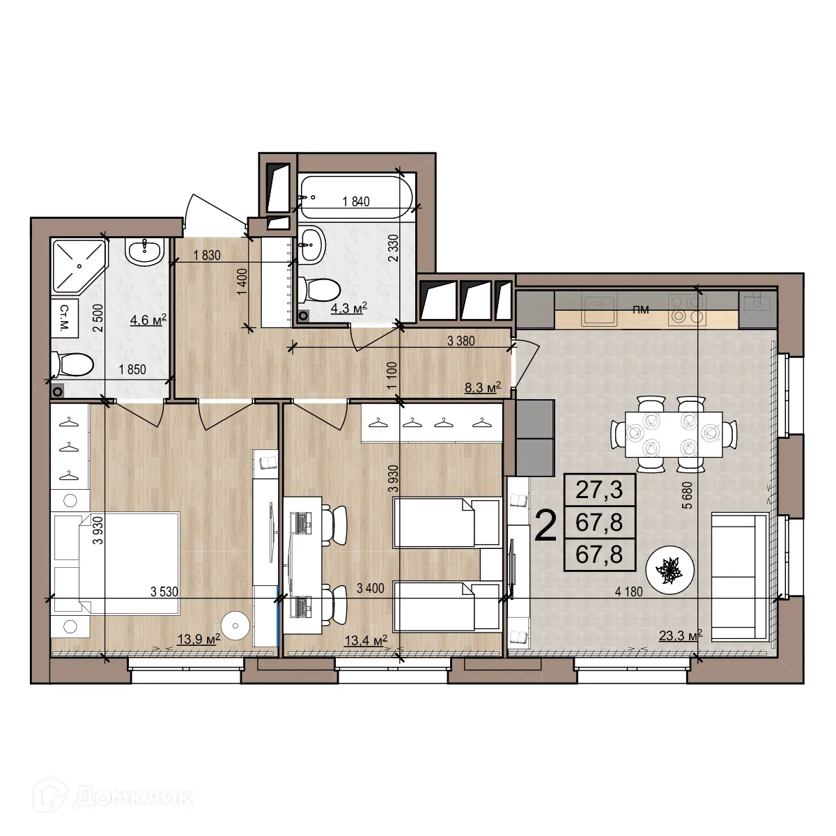 Планировка 2-комнатной квартиры 67.8 м² в Полярная звезда, г. Рязань — фото 1