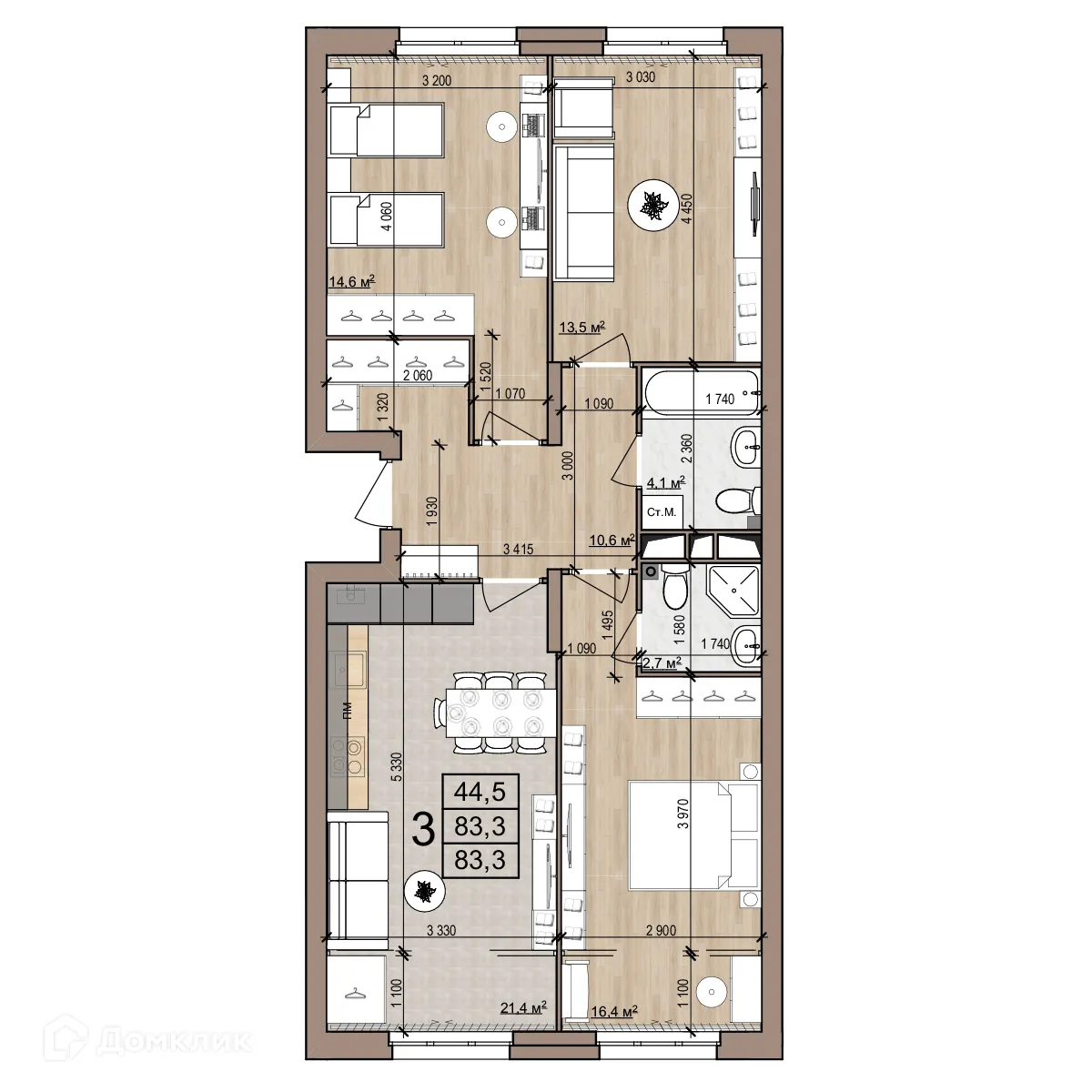 Планировка 3-комнатной квартиры 83.3 м² в Полярная звезда, г. Рязань — фото 1