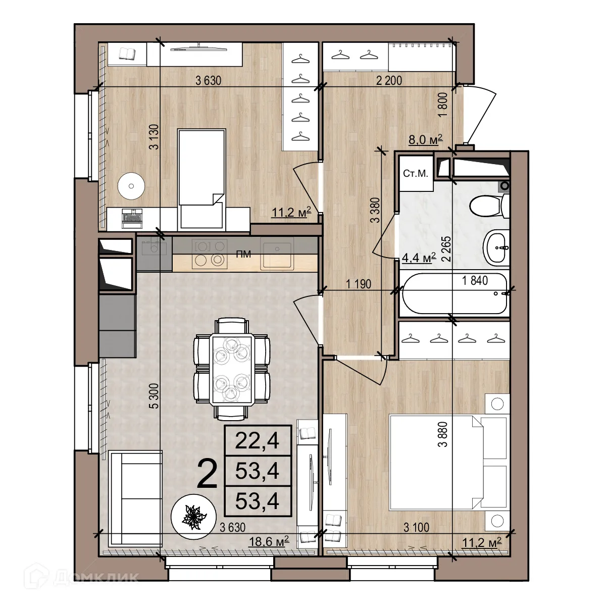 Планировка 2-комнатной квартиры 53.4 м² в Полярная звезда, г. Рязань — фото 1