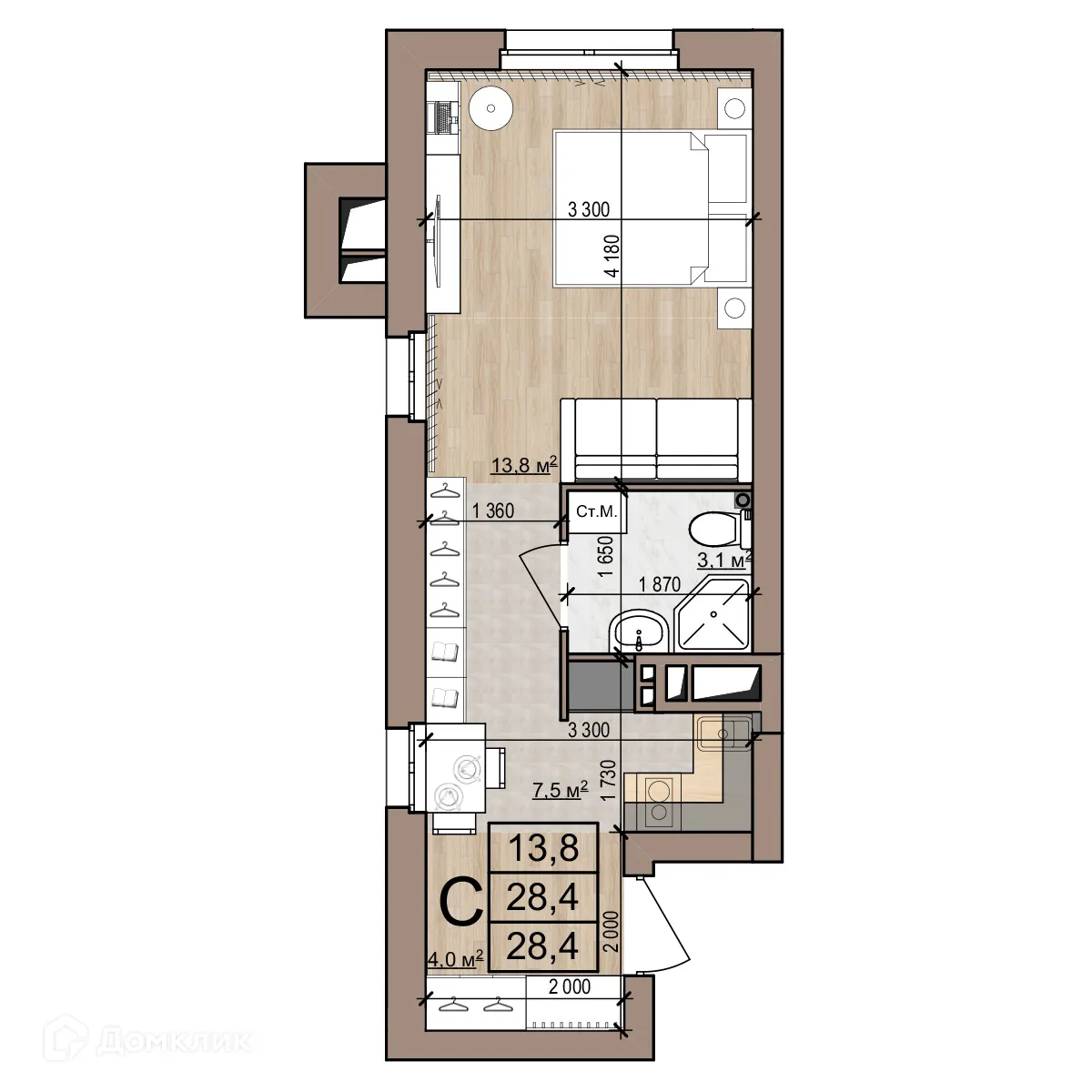 Планировка студии квартиры 28.4 м² в Полярная звезда, г. Рязань — фото 1