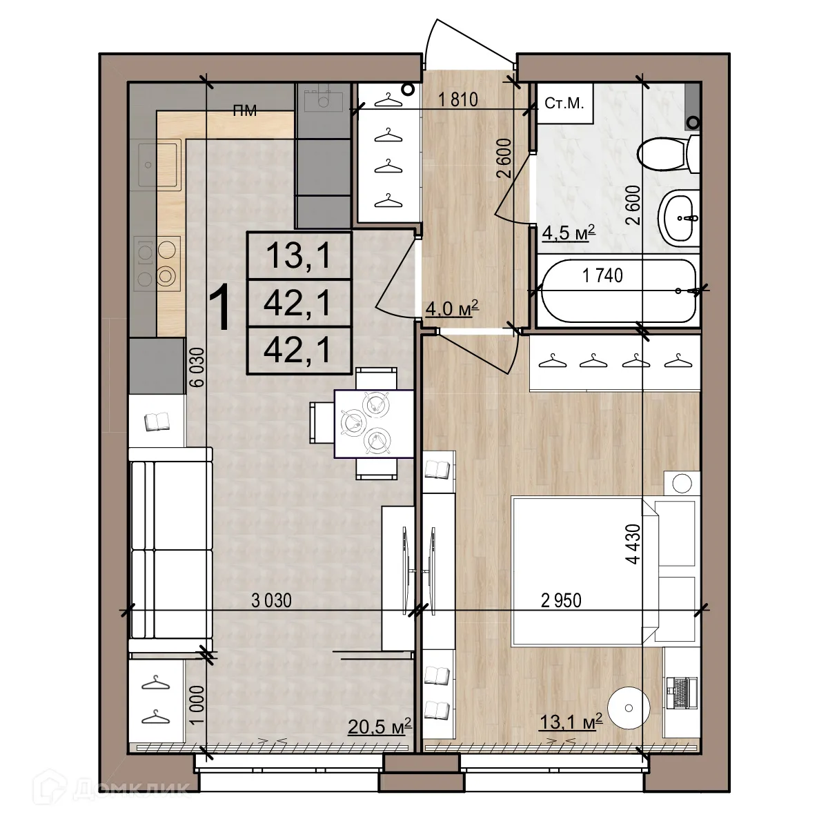 Планировка 1-комнатной квартиры 42.1 м² в Полярная звезда, г. Рязань — фото 1